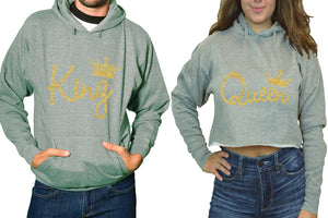 King and Queen hoodies, Matching couple hoodies, Sports Grey pullover hoodie for man Sports Grey crop top hoodie for woman