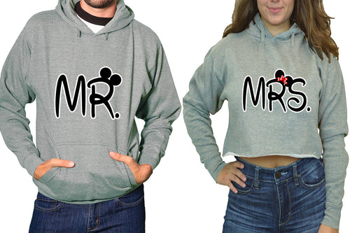 Mr and Mrs hoodies, Matching couple hoodies, Sports Grey pullover hoodie for man Sports Grey crop top hoodie for woman