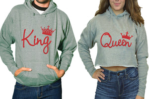 King and Queen hoodies, Matching couple hoodies, Sports Grey pullover hoodie for man Sports Grey crop top hoodie for woman