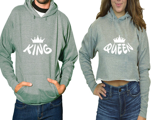 King and Queen hoodies, Matching couple hoodies, Sports Grey pullover hoodie for man Sports Grey crop top hoodie for woman