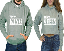 Load image into Gallery viewer, Her King and His Queen hoodies, Matching couple hoodies, Sports Grey pullover hoodie for man Sports Grey crop top hoodie for woman
