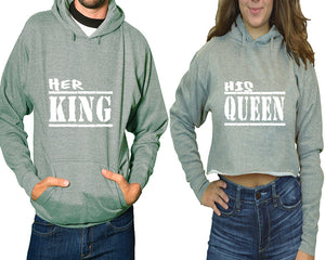 Her King and His Queen hoodies, Matching couple hoodies, Sports Grey pullover hoodie for man Sports Grey crop top hoodie for woman