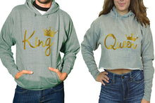 Cargar imagen en el visor de la galería, King and Queen hoodies, Matching couple hoodies, Sports Grey pullover hoodie for man Sports Grey crop top hoodie for woman
