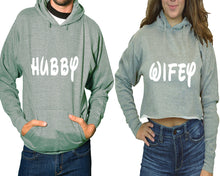 將圖片載入圖庫檢視器 Hubby and Wifey hoodies, Matching couple hoodies, Sports Grey pullover hoodie for man Sports Grey crop top hoodie for woman
