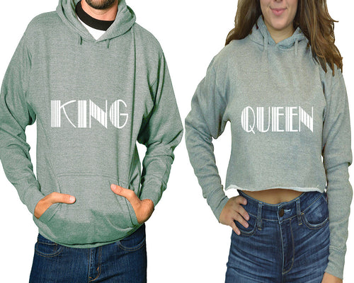 King and Queen hoodies, Matching couple hoodies, Sports Grey pullover hoodie for man Sports Grey crop top hoodie for woman