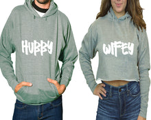 將圖片載入圖庫檢視器 Hubby and Wifey hoodies, Matching couple hoodies, Sports Grey pullover hoodie for man Sports Grey crop top hoodie for woman
