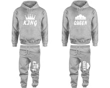 Load image into Gallery viewer, King and Queen matching top and bottom set, Sports Grey pullover hoodie and sweatpants sets for mens, pullover hoodie and jogger set womens. Matching couple joggers.
