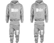 Load image into Gallery viewer, Hubby and Wifey matching top and bottom set, Sports Grey pullover hoodie and sweatpants sets for mens, pullover hoodie and jogger set womens. Matching couple joggers.
