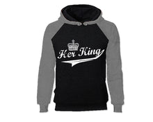 Load image into Gallery viewer, Grey Black color Her King design Hoodie for Man.
