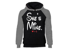 Load image into Gallery viewer, Grey Black color She&#39;s Mine design Hoodie for Man.
