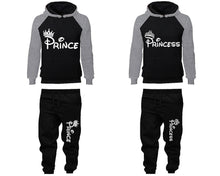 將圖片載入圖庫檢視器 Prince Princess matching top and bottom set, Grey Black raglan hoodie and sweatpants sets for mens, raglan hoodie and jogger set womens. Matching couple joggers.
