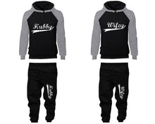 Load image into Gallery viewer, Hubby Wifey matching top and bottom set, Grey Black raglan hoodie and sweatpants sets for mens, raglan hoodie and jogger set womens. Matching couple joggers.
