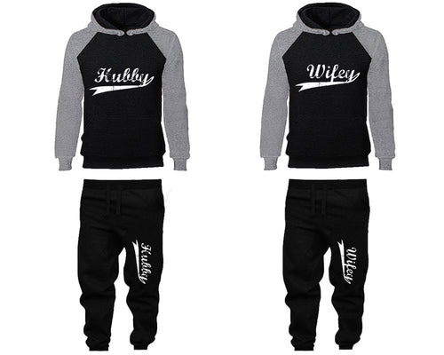 Hubby Wifey matching top and bottom set, Grey Black raglan hoodie and sweatpants sets for mens, raglan hoodie and jogger set womens. Matching couple joggers.