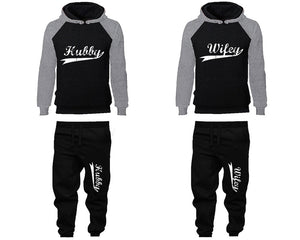 Hubby Wifey matching top and bottom set, Grey Black raglan hoodie and sweatpants sets for mens, raglan hoodie and jogger set womens. Matching couple joggers.