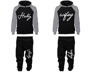 Hubby Wifey matching top and bottom set, Grey Black raglan hoodie and sweatpants sets for mens, raglan hoodie and jogger set womens. Matching couple joggers.