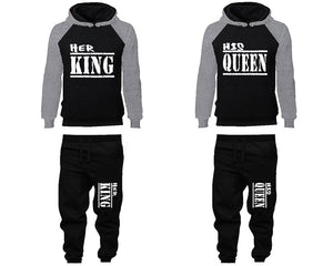 Her King and His Queen matching top and bottom set, Grey Black raglan hoodie and sweatpants sets for mens, raglan hoodie and jogger set womens. Matching couple joggers.