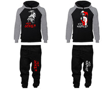 Load image into Gallery viewer, Her Joker and His Harley matching top and bottom set, Grey Black raglan hoodie and sweatpants sets for mens, raglan hoodie and jogger set womens. Matching couple joggers.
