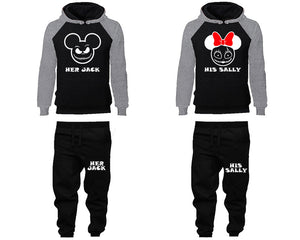 Her Jack and His Sally matching top and bottom set, Grey Black raglan hoodie and sweatpants sets for mens, raglan hoodie and jogger set womens. Matching couple joggers.