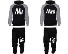 Load image into Gallery viewer, Mr and Mrs matching top and bottom set, Grey Black raglan hoodie and sweatpants sets for mens, raglan hoodie and jogger set womens. Matching couple joggers.

