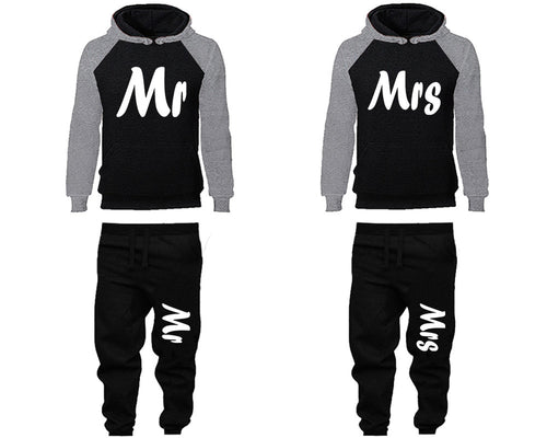 Mr and Mrs matching top and bottom set, Grey Black raglan hoodie and sweatpants sets for mens, raglan hoodie and jogger set womens. Matching couple joggers.