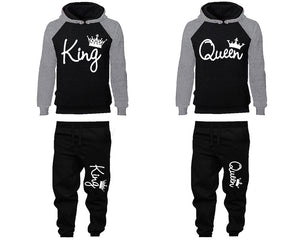 King Queen matching top and bottom set, Grey Black raglan hoodie and sweatpants sets for mens, raglan hoodie and jogger set womens. Matching couple joggers.