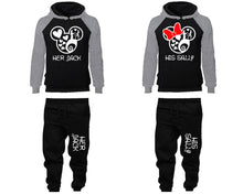 Charger l&#39;image dans la galerie, Her Jack and His Sally matching top and bottom set, Grey Black raglan hoodie and sweatpants sets for mens, raglan hoodie and jogger set womens. Matching couple joggers.
