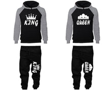 Charger l&#39;image dans la galerie, King and Queen matching top and bottom set, Grey Black raglan hoodie and sweatpants sets for mens, raglan hoodie and jogger set womens. Matching couple joggers.
