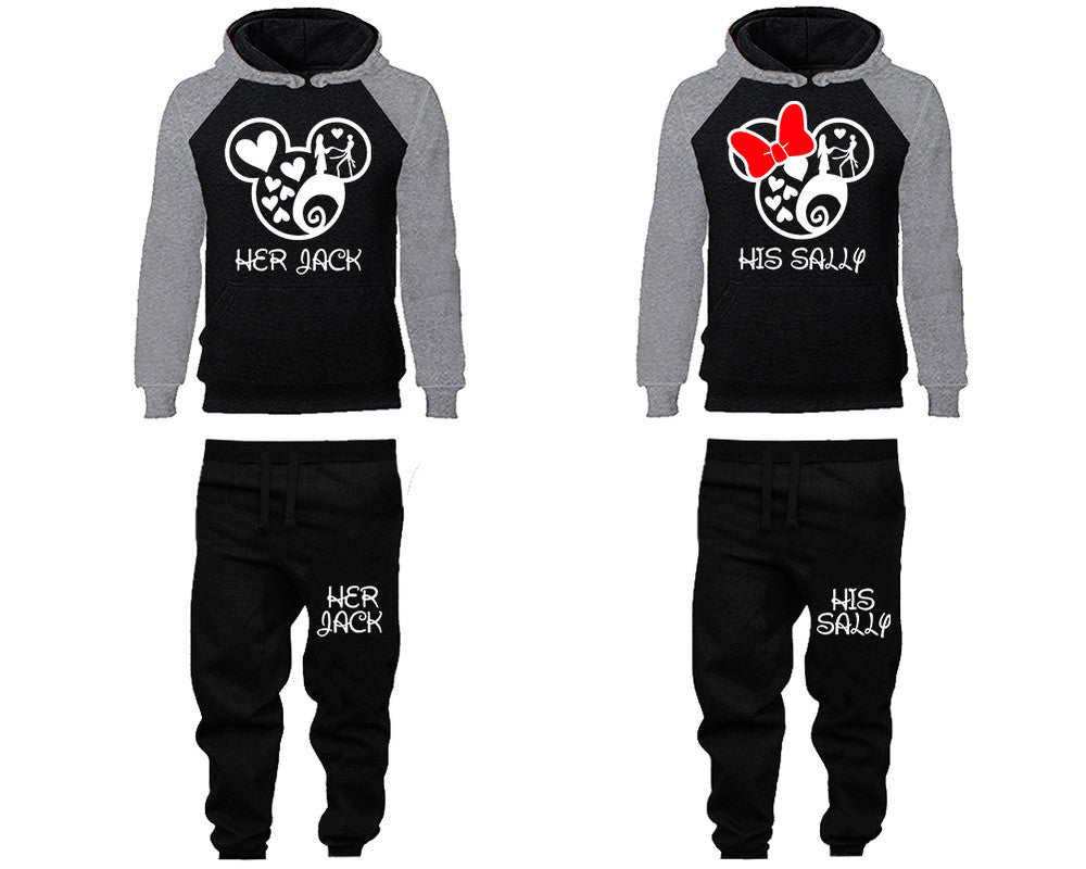 Her Jack and His Sally matching top and bottom set, Grey Black raglan hoodie and sweatpants sets for mens, raglan hoodie and jogger set womens. Matching couple joggers.