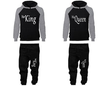 將圖片載入圖庫檢視器 Her King and His Queen matching top and bottom set, Grey Black raglan hoodie and sweatpants sets for mens, raglan hoodie and jogger set womens. Matching couple joggers.
