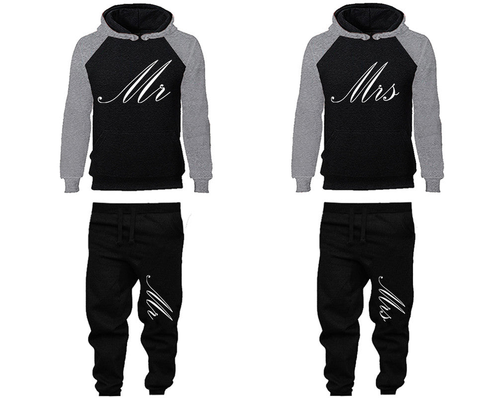 Mr and Mrs matching top and bottom set, Grey Black raglan hoodie and sweatpants sets for mens, raglan hoodie and jogger set womens. Matching couple joggers.