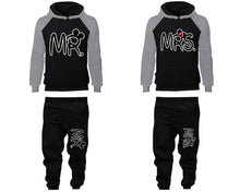 Load image into Gallery viewer, Mr Mrs matching top and bottom set, Grey Black raglan hoodie and sweatpants sets for mens, raglan hoodie and jogger set womens. Matching couple joggers.
