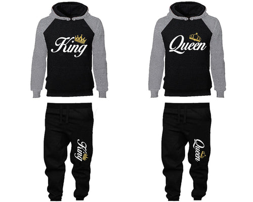 King and Queen matching top and bottom set, Grey Black raglan hoodie and sweatpants sets for mens, raglan hoodie and jogger set womens. Matching couple joggers.