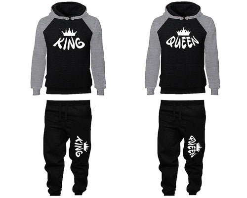 King and Queen matching top and bottom set, Grey Black raglan hoodie and sweatpants sets for mens, raglan hoodie and jogger set womens. Matching couple joggers.