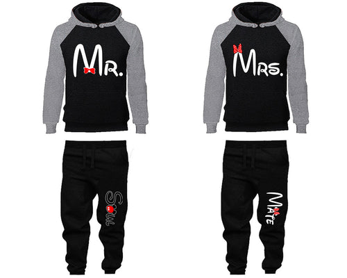 Mr Mrs matching top and bottom set, Grey Black raglan hoodie and sweatpants sets for mens, raglan hoodie and jogger set womens. Matching couple joggers.