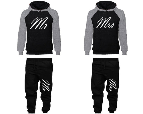 Mr and Mrs matching top and bottom set, Grey Black raglan hoodie and sweatpants sets for mens, raglan hoodie and jogger set womens. Matching couple joggers.