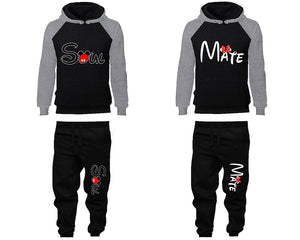 Soul Mate matching top and bottom set, Grey Black raglan hoodie and sweatpants sets for mens, raglan hoodie and jogger set womens. Matching couple joggers.