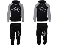 Load image into Gallery viewer, Hubby and Wifey matching top and bottom set, Grey Black raglan hoodie and sweatpants sets for mens, raglan hoodie and jogger set womens. Matching couple joggers.
