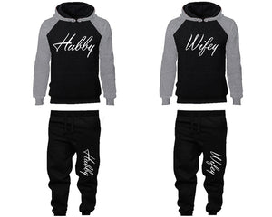 Hubby and Wifey matching top and bottom set, Grey Black raglan hoodie and sweatpants sets for mens, raglan hoodie and jogger set womens. Matching couple joggers.