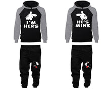 Load image into Gallery viewer, I&#39;m Hers He&#39;s Mine matching top and bottom set, Grey Black raglan hoodie and sweatpants sets for mens, raglan hoodie and jogger set womens. Matching couple joggers.
