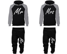 Load image into Gallery viewer, Mr and Mrs matching top and bottom set, Grey Black raglan hoodie and sweatpants sets for mens, raglan hoodie and jogger set womens. Matching couple joggers.
