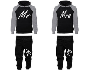 Mr and Mrs matching top and bottom set, Grey Black raglan hoodie and sweatpants sets for mens, raglan hoodie and jogger set womens. Matching couple joggers.