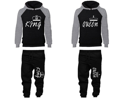 King and Queen matching top and bottom set, Grey Black raglan hoodie and sweatpants sets for mens, raglan hoodie and jogger set womens. Matching couple joggers.