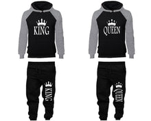 Load image into Gallery viewer, King and Queen matching top and bottom set, Grey Black raglan hoodie and sweatpants sets for mens, raglan hoodie and jogger set womens. Matching couple joggers.
