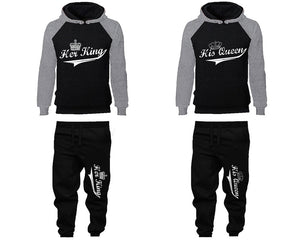 Her King His Queen matching top and bottom set, Grey Black raglan hoodie and sweatpants sets for mens, raglan hoodie and jogger set womens. Matching couple joggers.