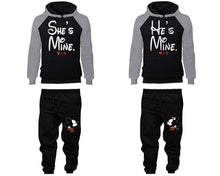 Load image into Gallery viewer, She&#39;s Mine He&#39;s Mine matching top and bottom set, Grey Black raglan hoodie and sweatpants sets for mens, raglan hoodie and jogger set womens. Matching couple joggers.
