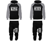 Load image into Gallery viewer, King and Queen matching top and bottom set, Grey Black raglan hoodie and sweatpants sets for mens, raglan hoodie and jogger set womens. Matching couple joggers.
