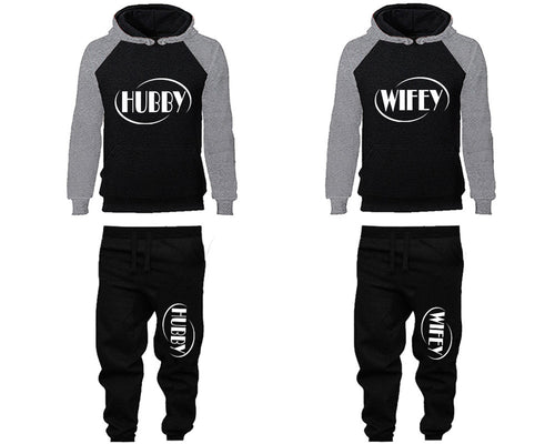 Hubby and Wifey matching top and bottom set, Grey Black raglan hoodie and sweatpants sets for mens, raglan hoodie and jogger set womens. Matching couple joggers.