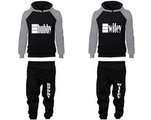 Load image into Gallery viewer, Hubby and Wifey matching top and bottom set, Grey Black raglan hoodie and sweatpants sets for mens, raglan hoodie and jogger set womens. Matching couple joggers.
