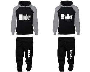 Hubby and Wifey matching top and bottom set, Grey Black raglan hoodie and sweatpants sets for mens, raglan hoodie and jogger set womens. Matching couple joggers.