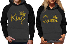 Görseli Galeri görüntüleyiciye yükleyin, King and Queen raglan hoodies, Matching couple hoodies, Gold Foil King Queen design on man and woman hoodies
